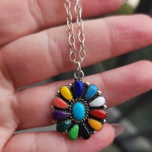 Handmade Sterling 925 Navajo Native American Made Colorful Concho Necklace 20"